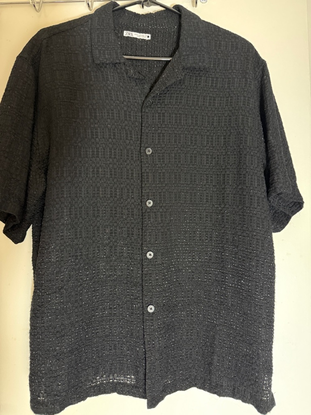 Zara Black Textured Short Sleeve Button-Down Shirt